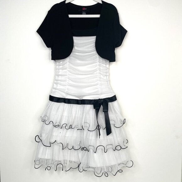 Iz Byer Other - iZ Byer Girl Ruched Tiered Ruffles Sheath Dress with Bolero Shrug and Bow Sz 8